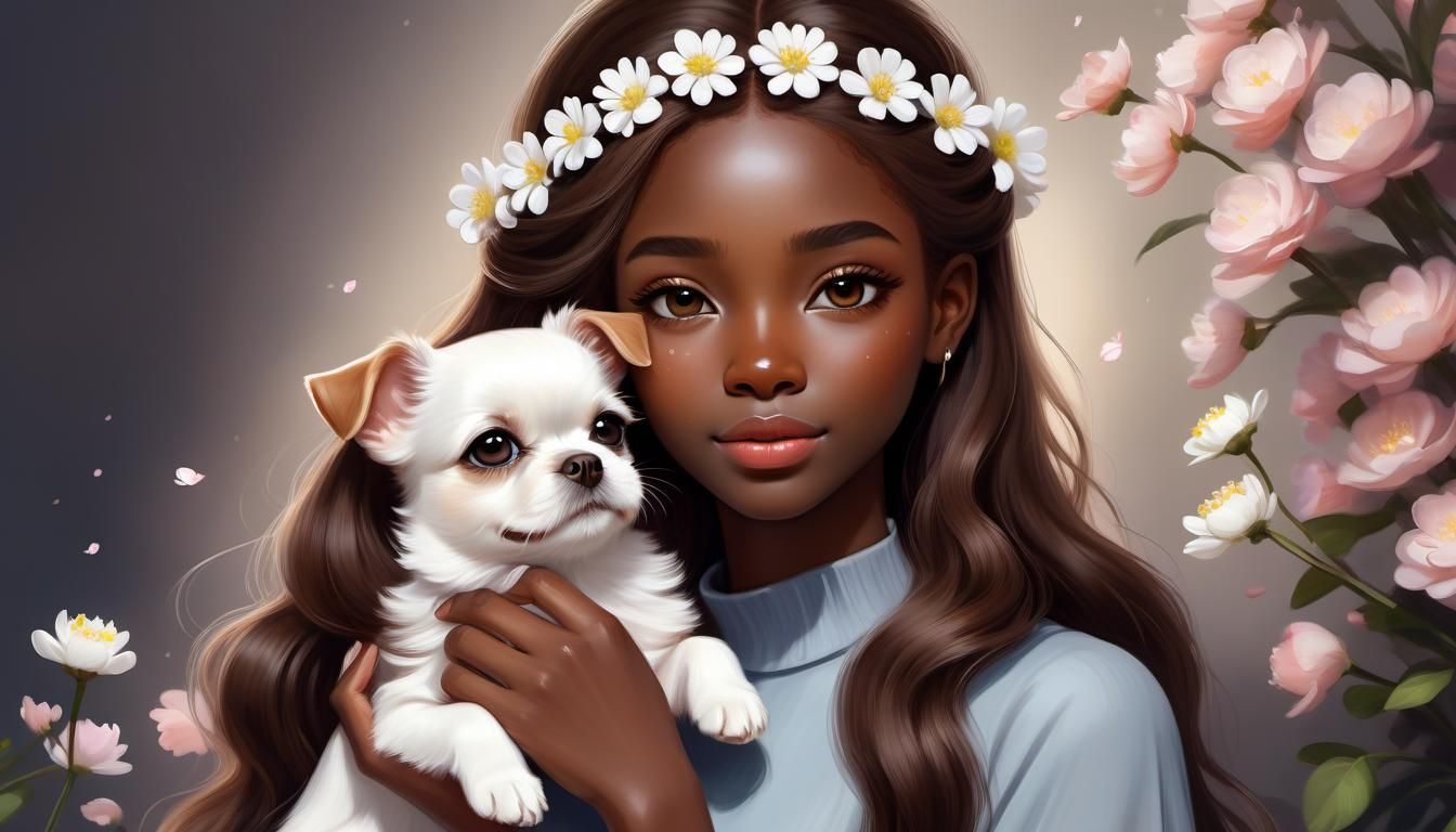 Melanin Girl with Dog: Adorable Kawaii Digital Portrait