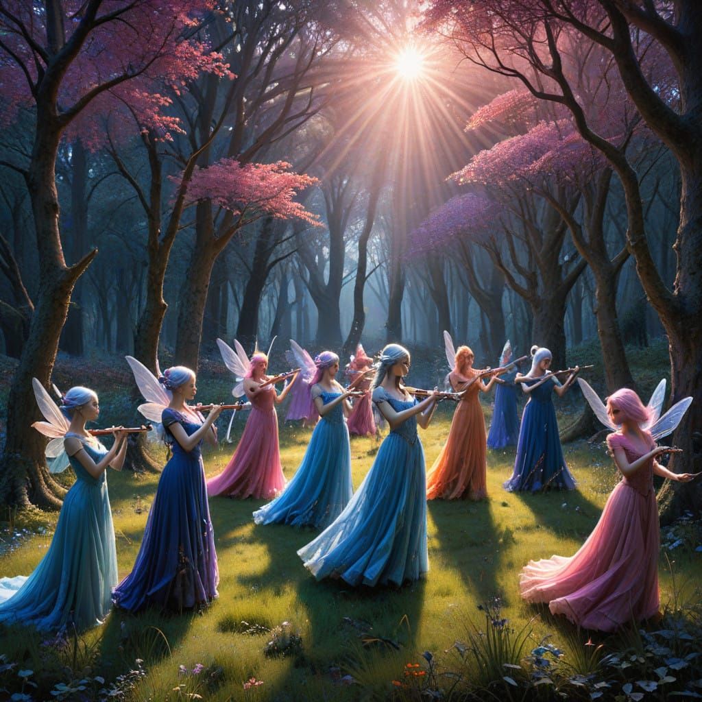 Enchanting Fantasy Forest Scene with Dancing Fairies in Ethe...