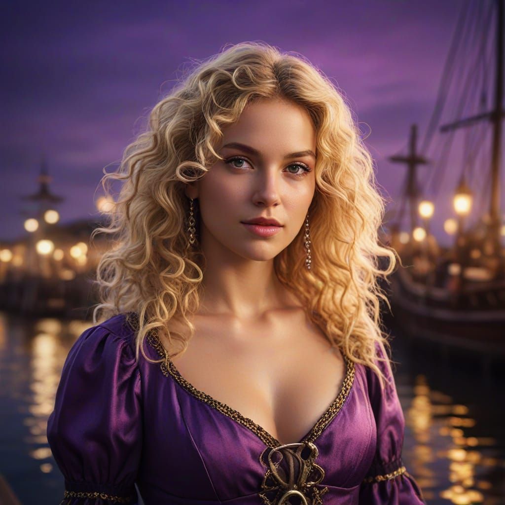 Blond Pirate Posing at Pier Nights as Oil Painting