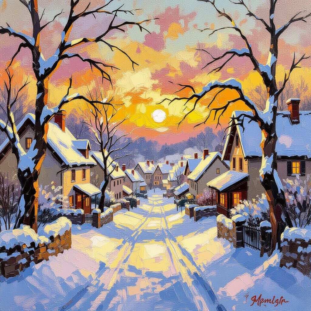 Snowy Village Scene Framed by Tree Branches in Golden Sunset...