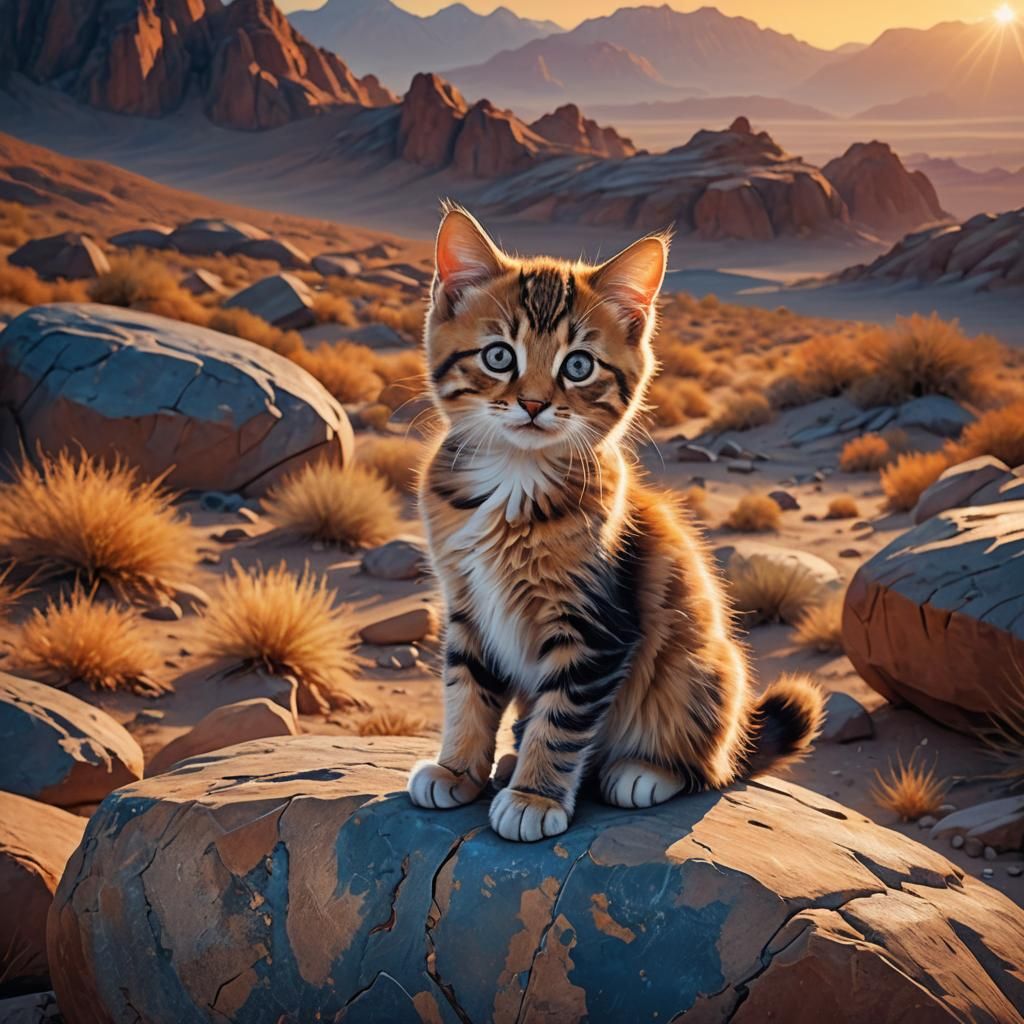 Kitten on Rock at Desert Sunset: Digital Matte Painting