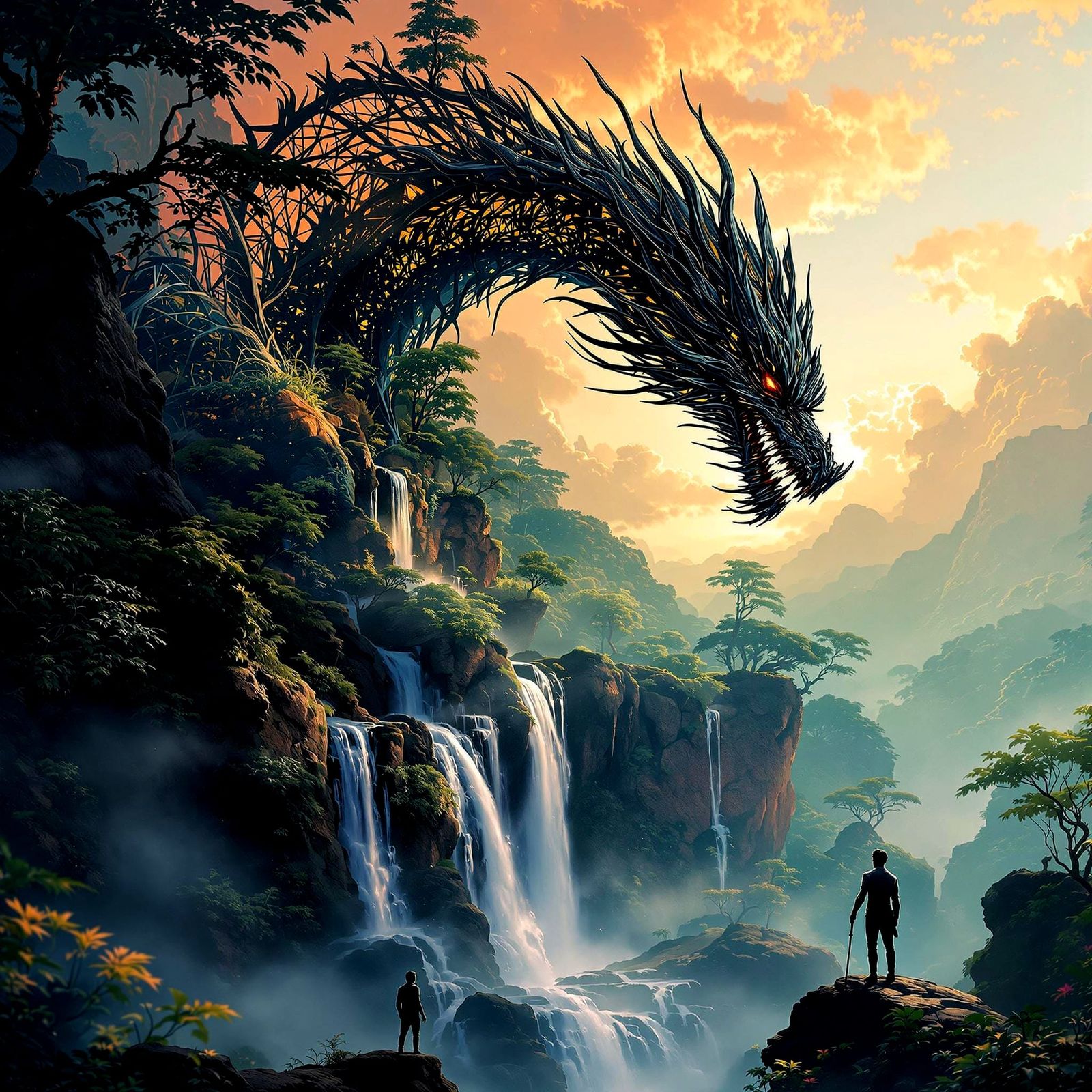 Holographic Dragon Silhouette in Jungle Landscape