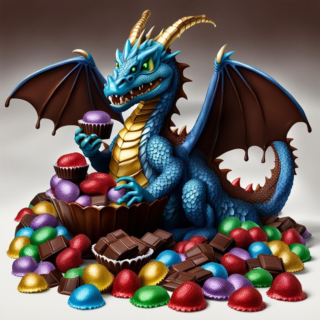 Dragon Hoarding Chocolate Eggs in Fantasy Art Style