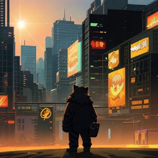 Tiger in Futuristic Cityscape: Cel-Shaded Anime Art