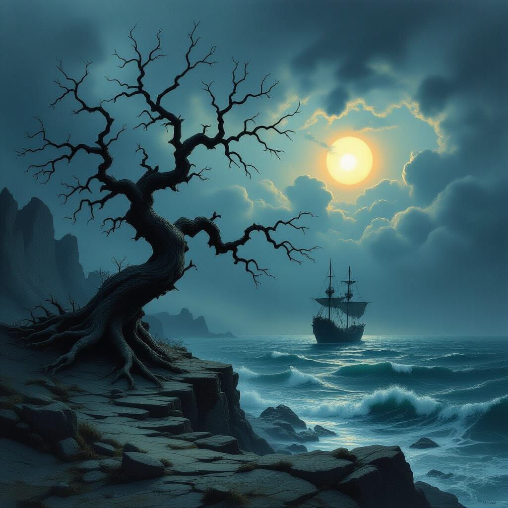 Ancient Tree on Rocky Outcrop Overlooking Stormy Sea