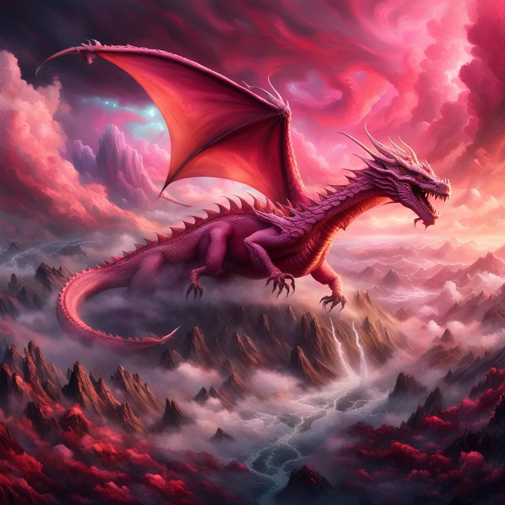Pink Dragon Soaring Through Stormy Skies