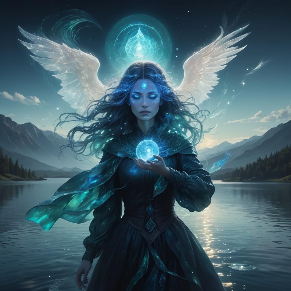 Glass Mage over Lake in Cosmic Illustration