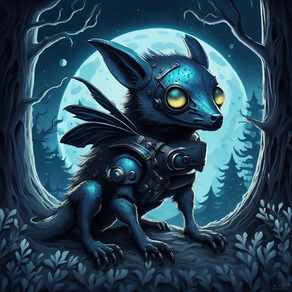 Baby Chupacabra in Spooky Forest, Dark Fantasy Art