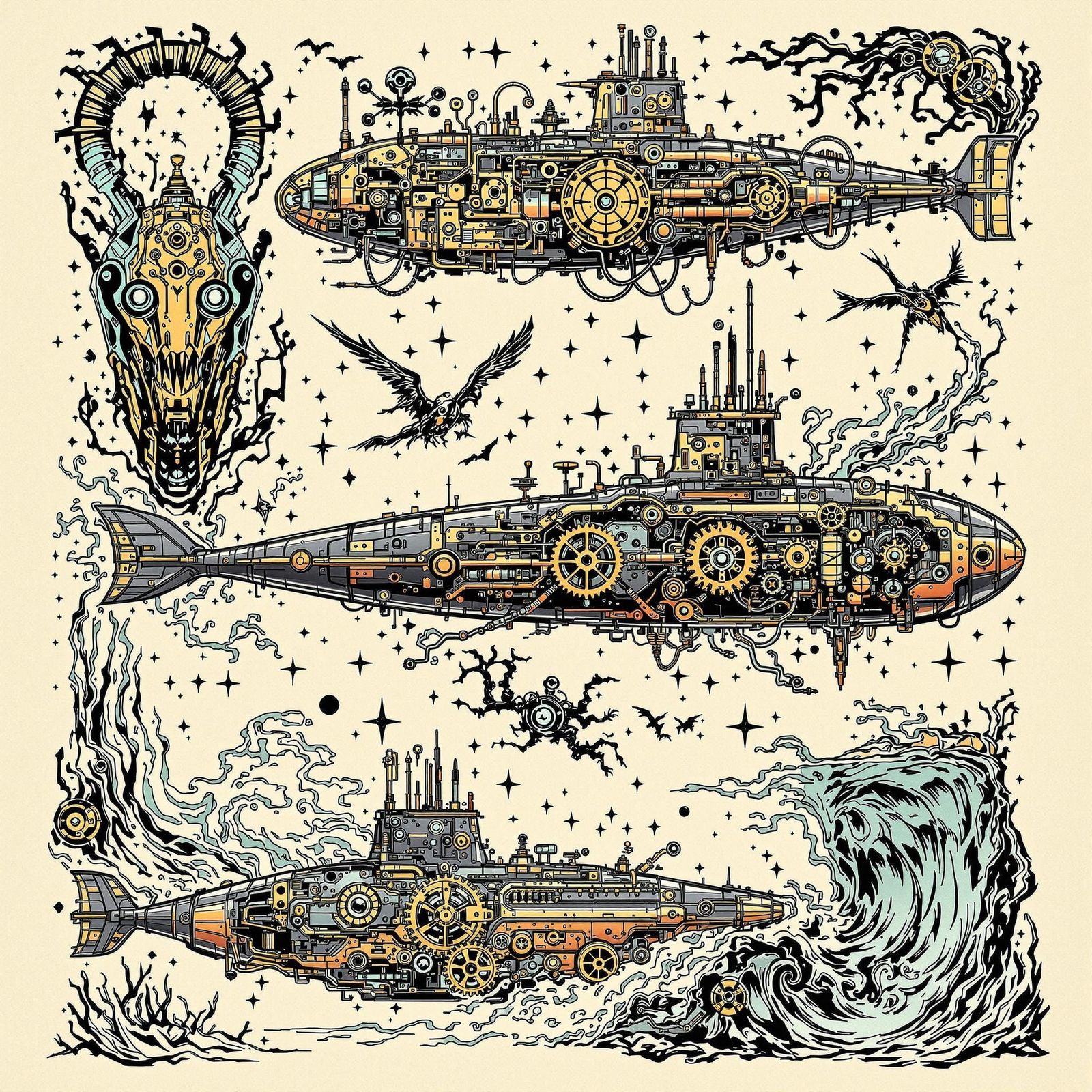 Dieselpunk Submarine Tattoo Designs in Dark Fantasy Style