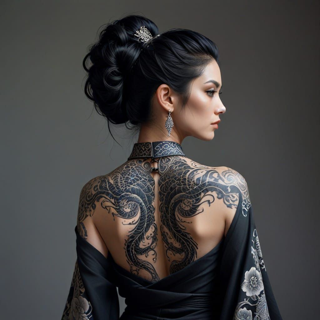 Elegant Woman With Dragon Tattoo in Minimalist Studio