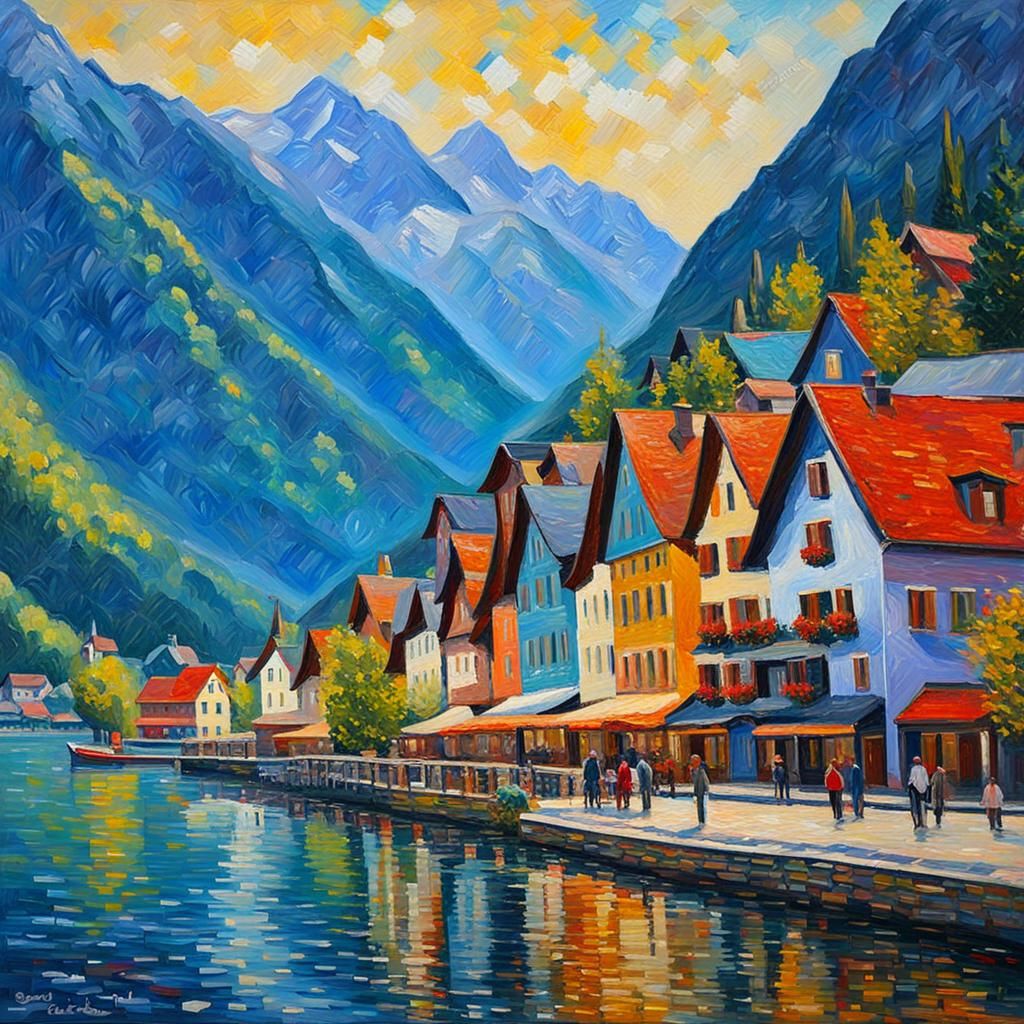 Hallstatt, Austria in Post-Impressionist Oil Painting Style