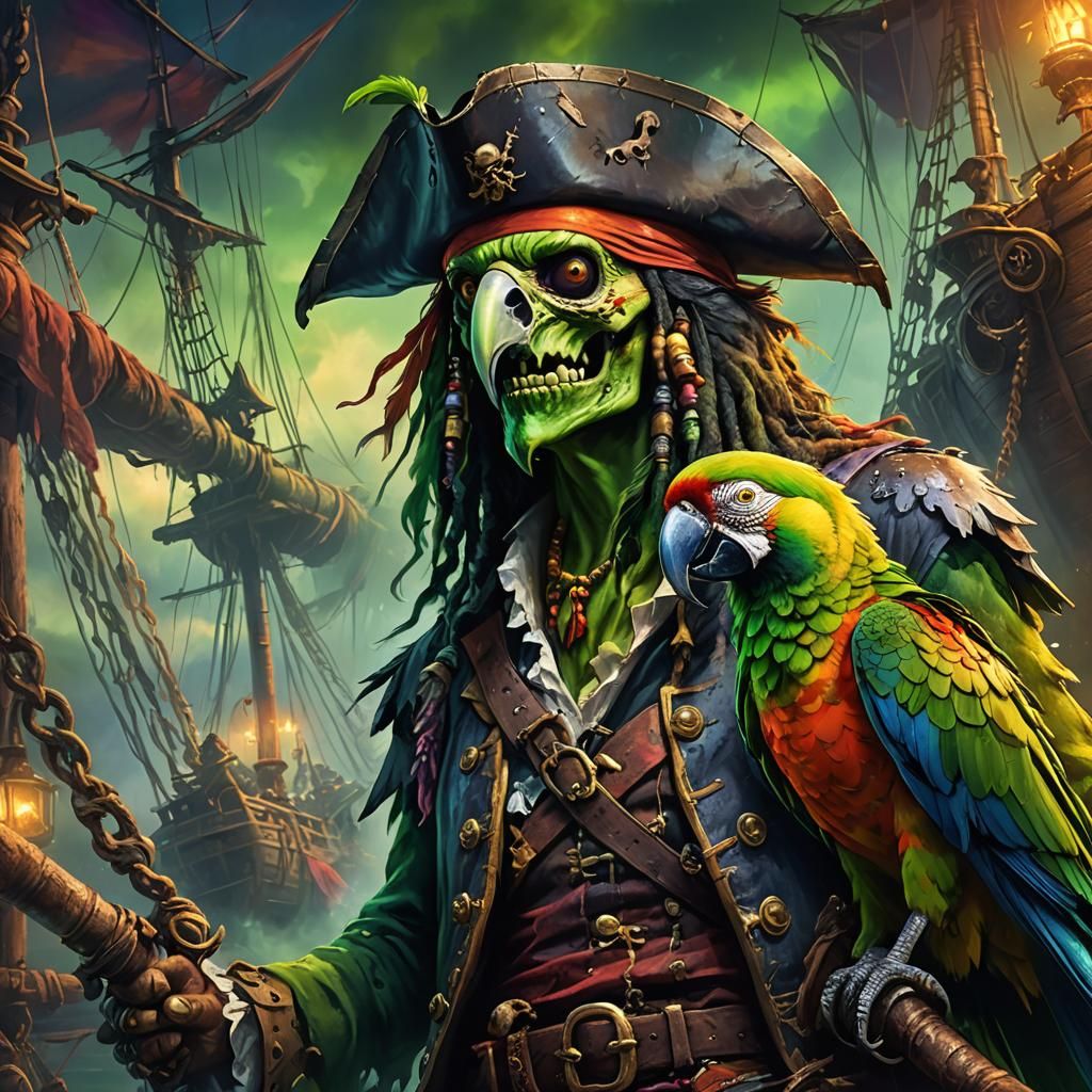 Undead Pirate and Parrot in Vivid Oil Painting