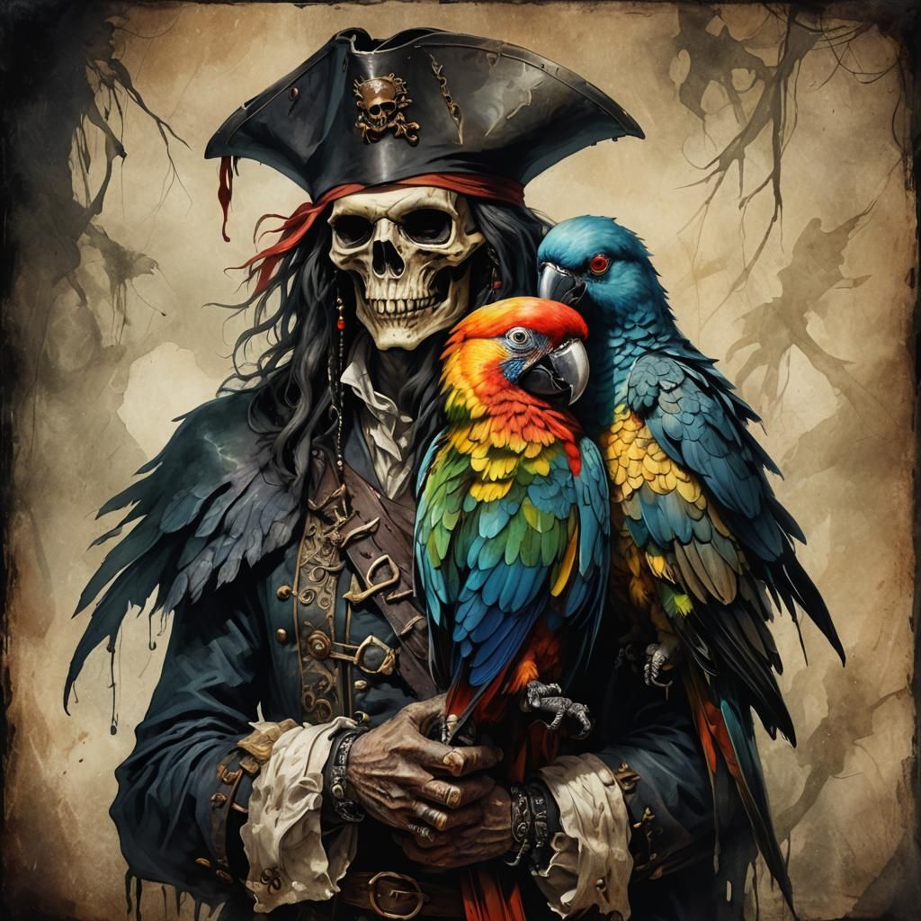 Undead Pirate and Parrot: A Gothic Horror Illustration