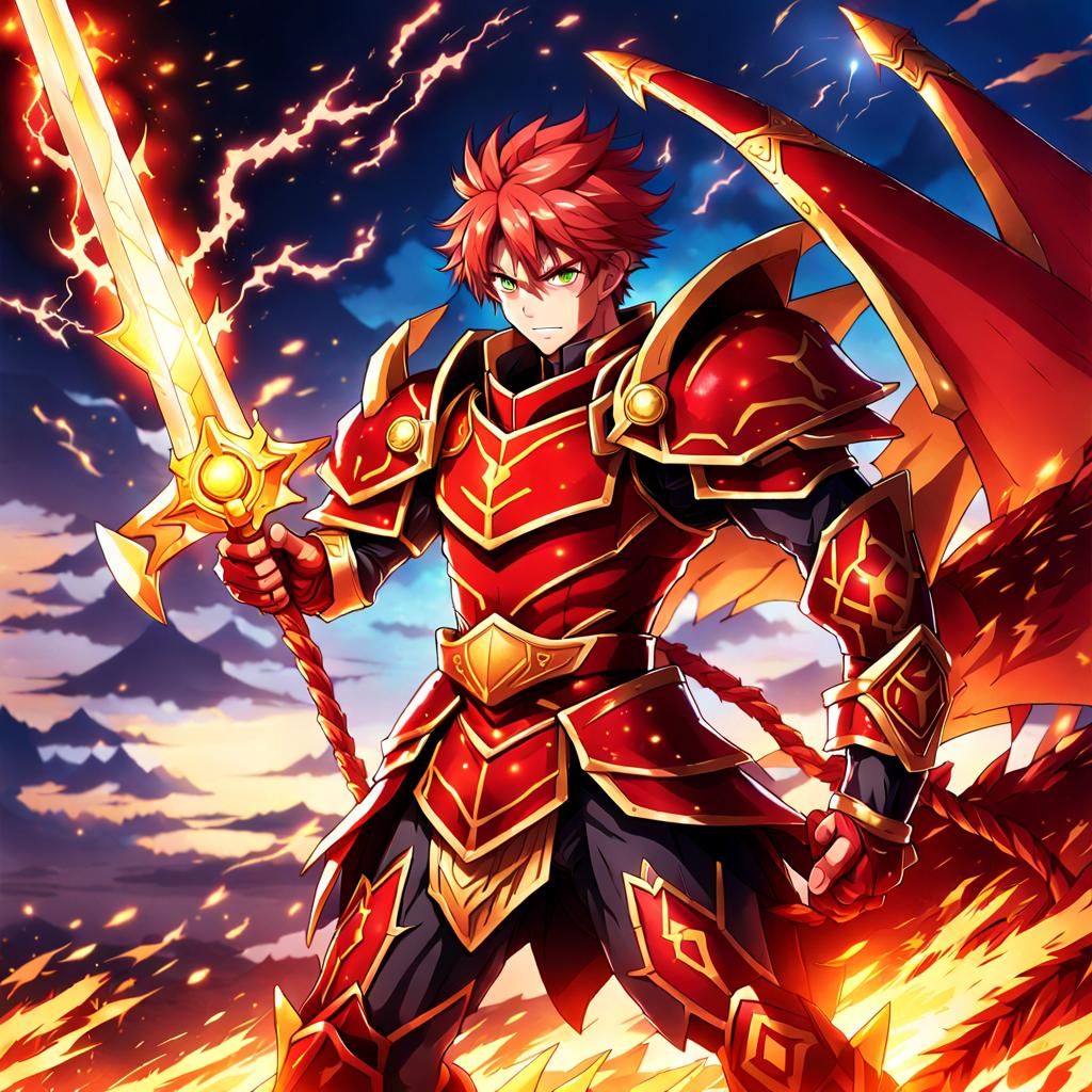Anime Warrior in Red Dragon Armor with Lightning Sword