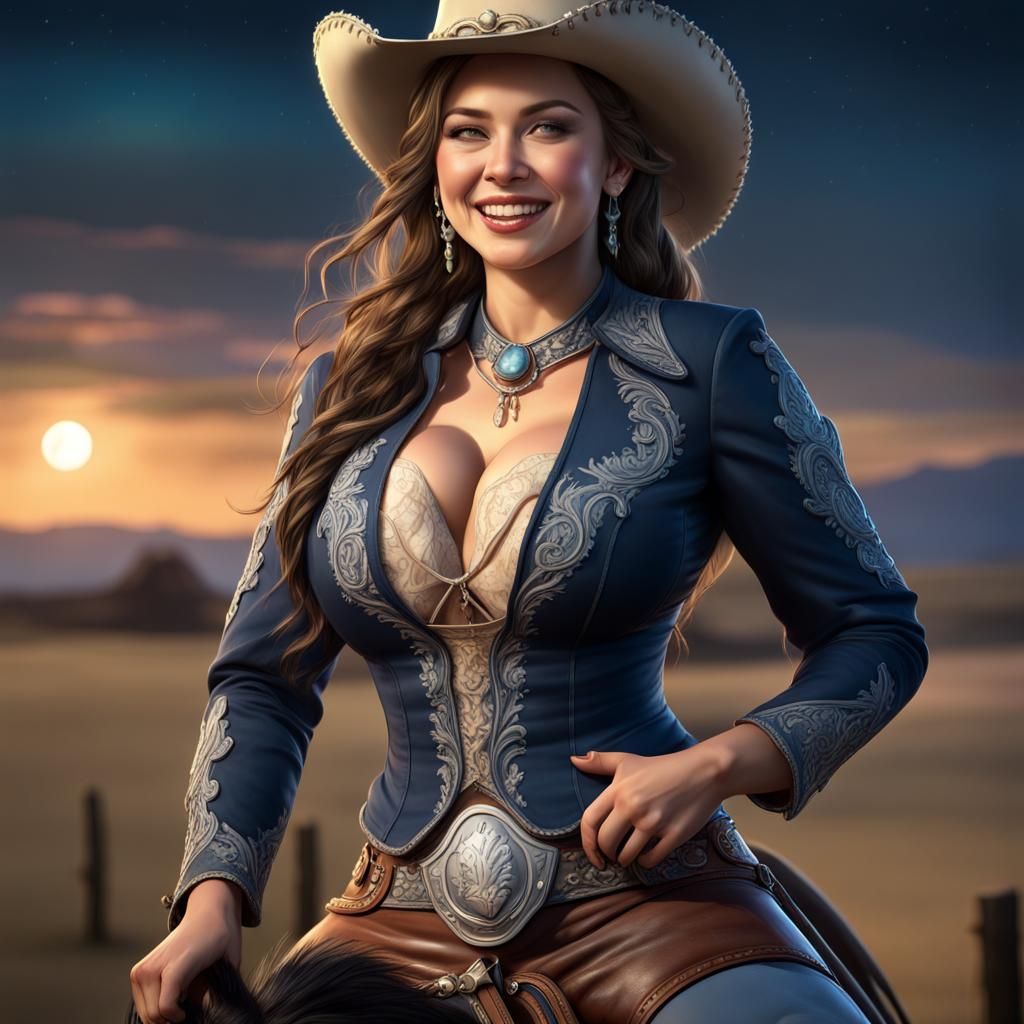 Moonlit Cowgirl in Elaborate Western Scene