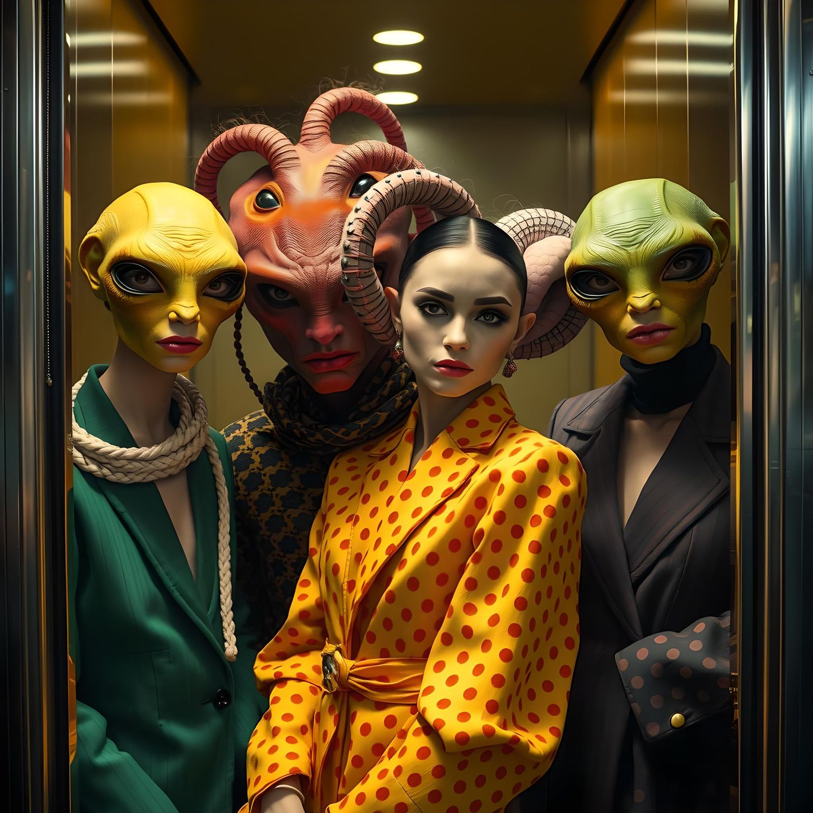 Alien Hotel Guests in Haute Couture, Oil Painting Style