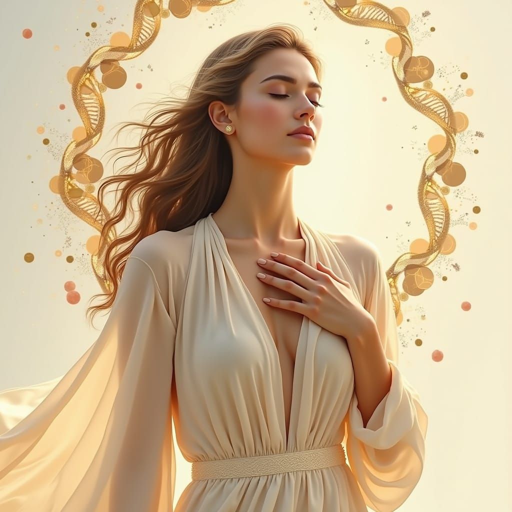 Woman in Flowing Clothing with DNA Spiral