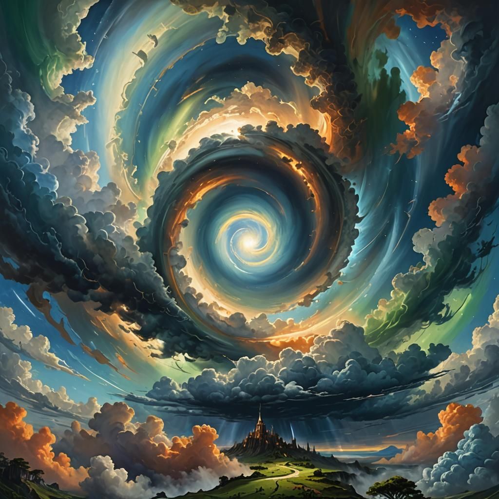 Dramatic Cloudscape with Light Beams in a Vortex