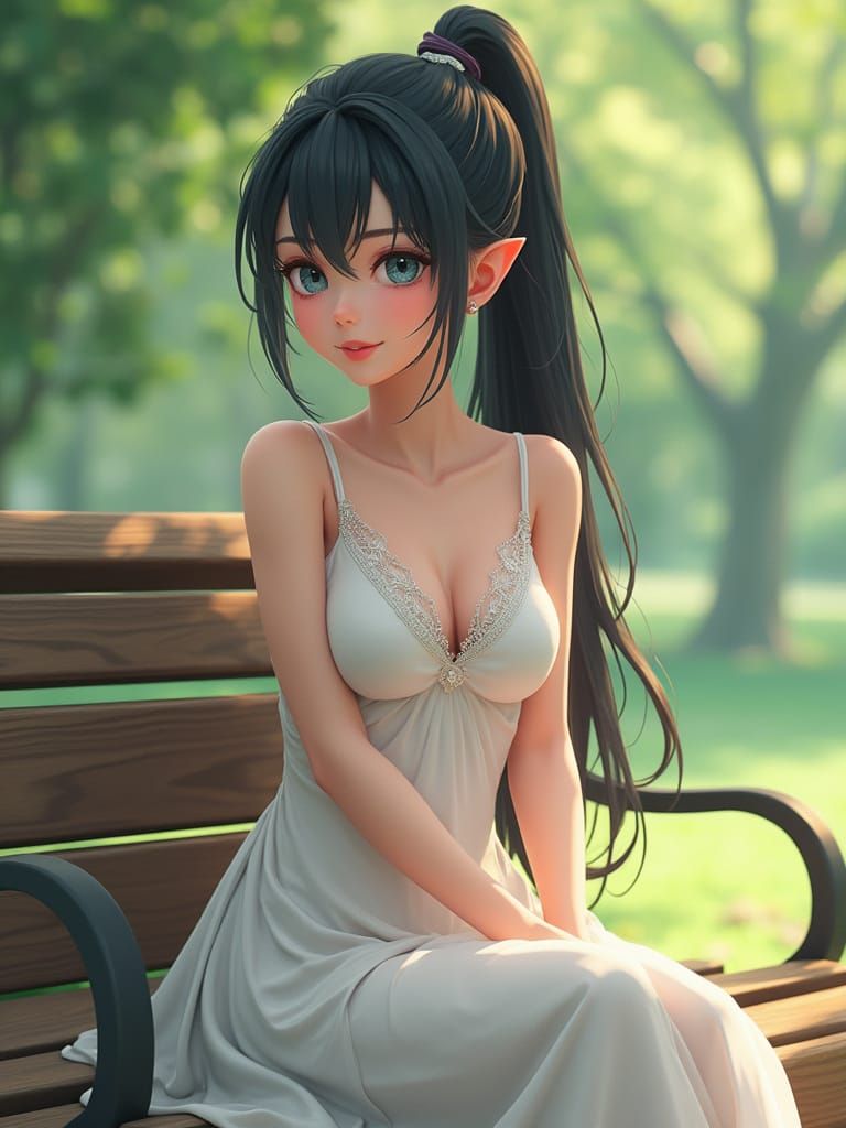 Half-Elf Woman in Park: 3D Anime Art