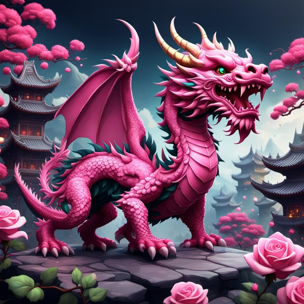 Chibi Pink Rose Chinese Dragon Fantasy Art
