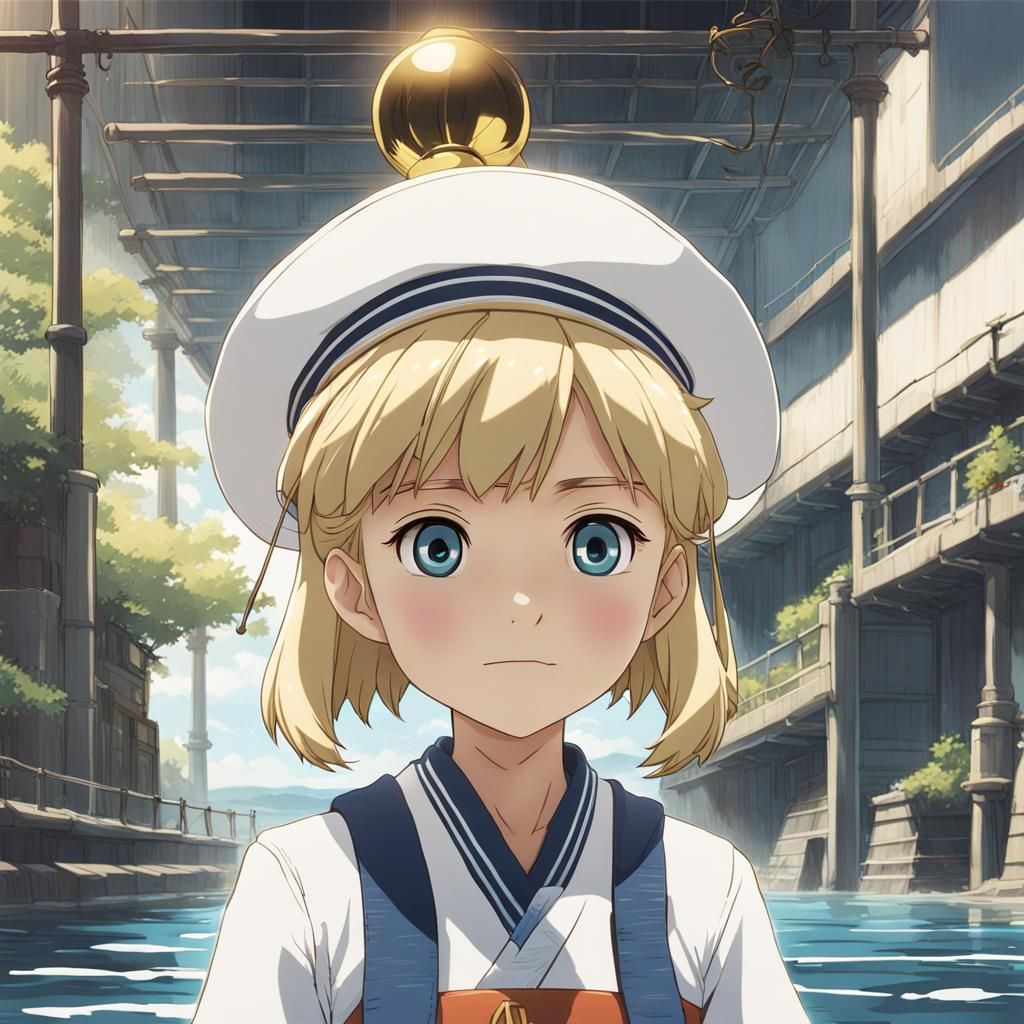 a bobble head girl with blonde hair, a sailors cap, swimmers and blue eyes