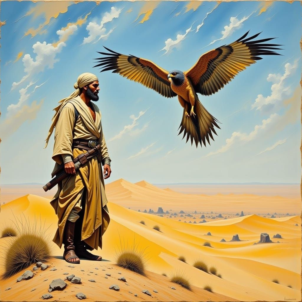 Desert Nomad Releases a Majestic Falcon in a Vast, Golden La...