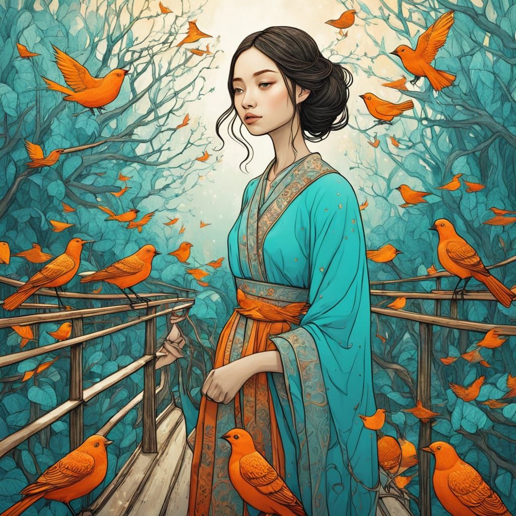 Woman Surrounded by Birds in Pop Surrealism Style