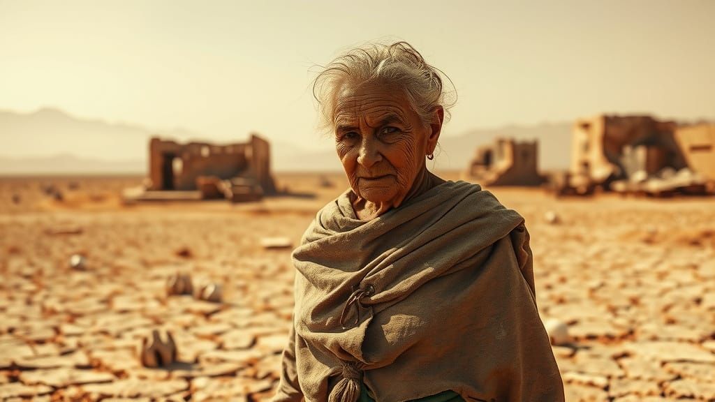 Desolate Post-Apocalyptic Landscape with Resilient Elderly W...