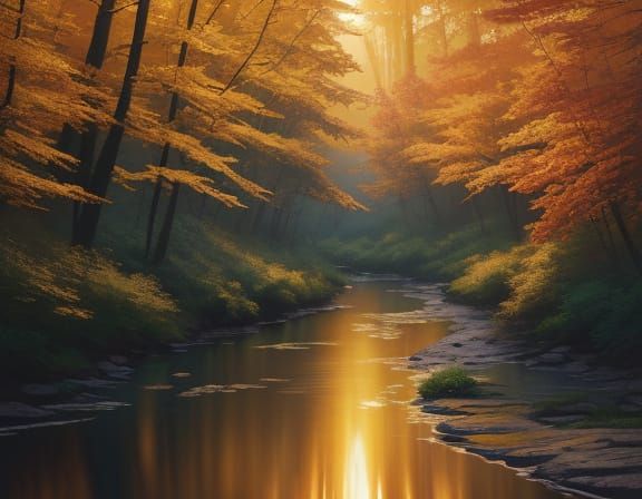 Golden Hour River Landscape Digital Painting