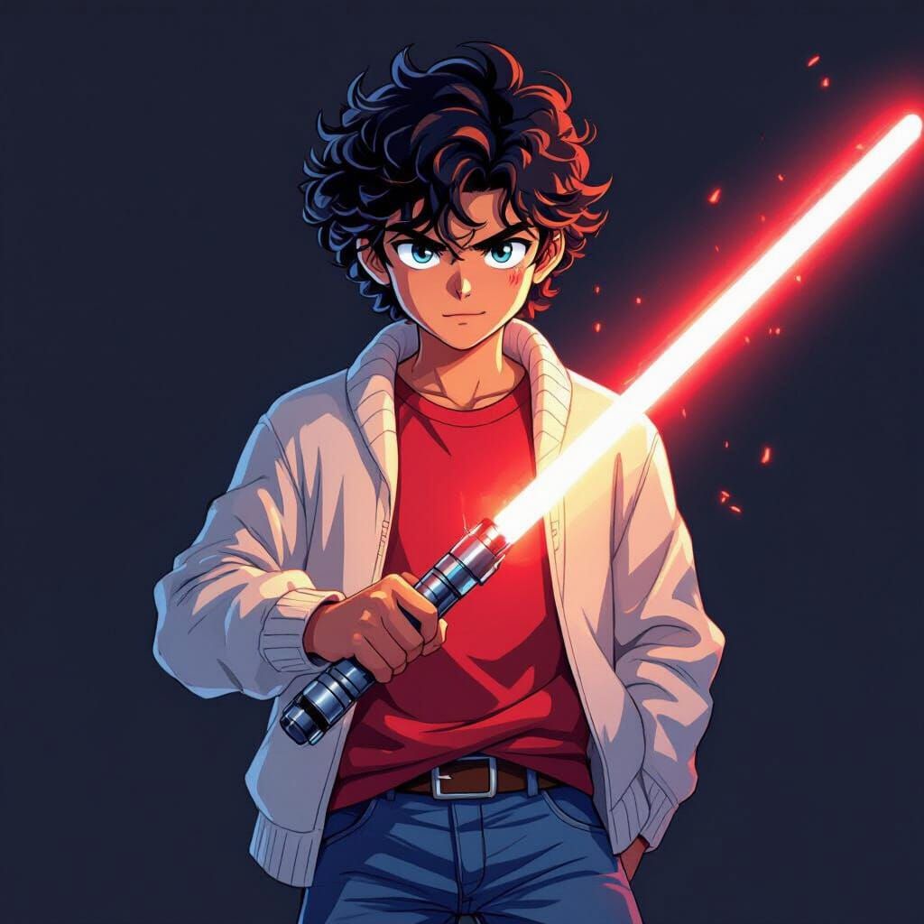 Teenager with Lightsaber in Anime Style
