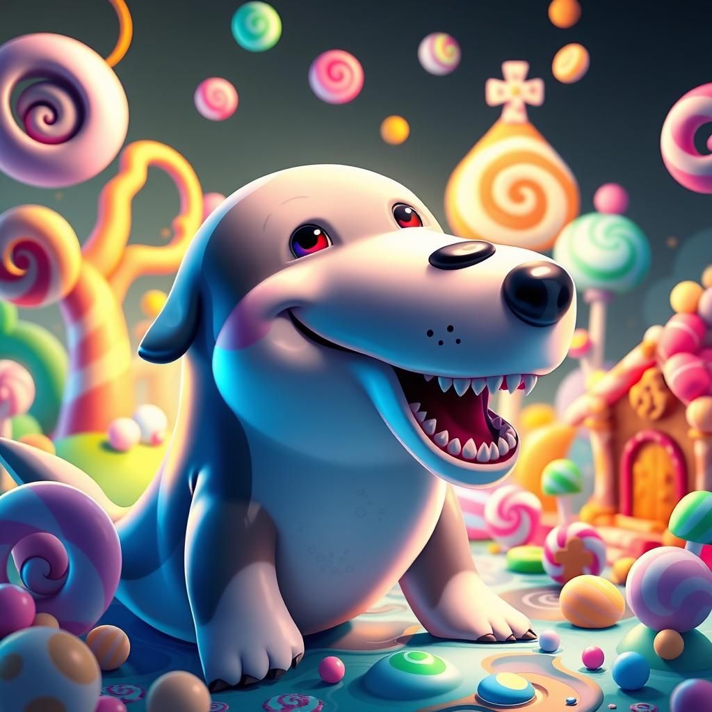 Joyful Seal-Dog-Human-Shark Hybrid in Candyland