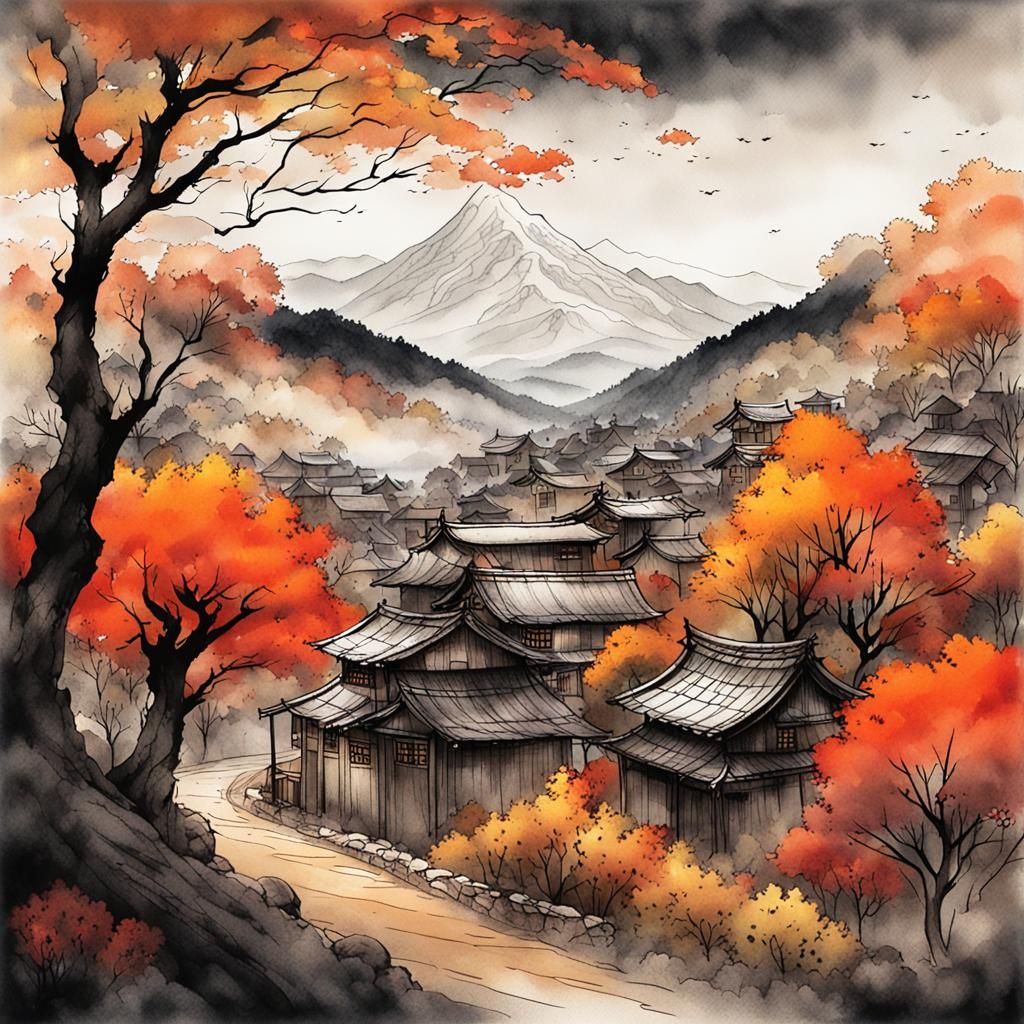 Eerie Autumn Mountain in Dark Manga Style