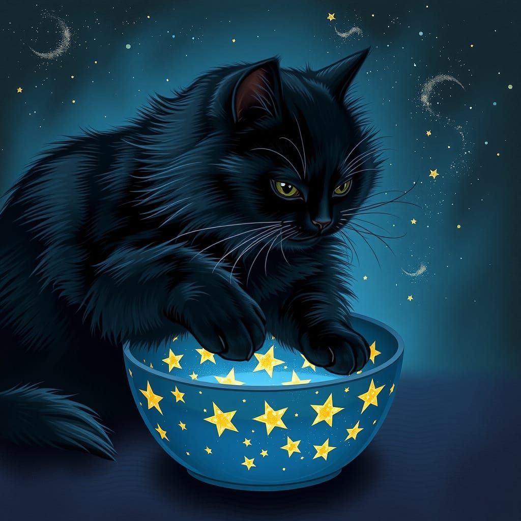 Black Cat Paw Dipping into Bowl of Stars