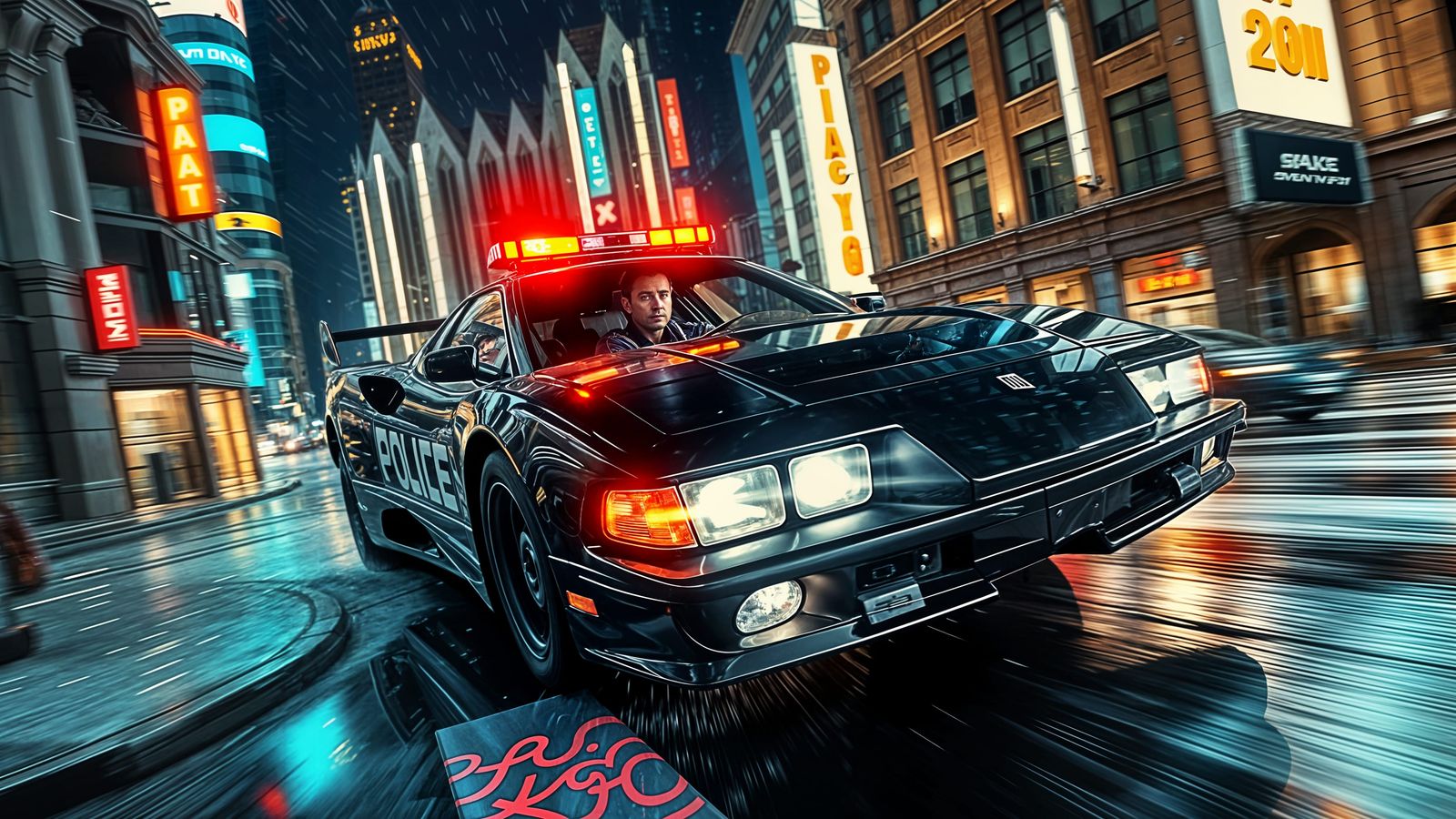 Dramatic Street Action with Policeman in Car