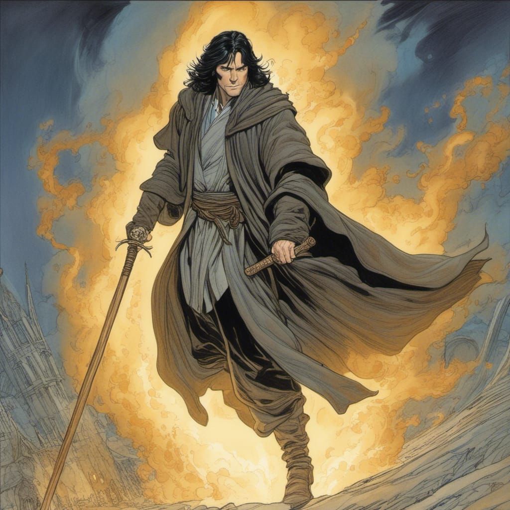 Harry Dresden by Chris Riddell, Wizard of Chicago, long inverness coat, wielding a wooden staff, in the style of <lora:N...