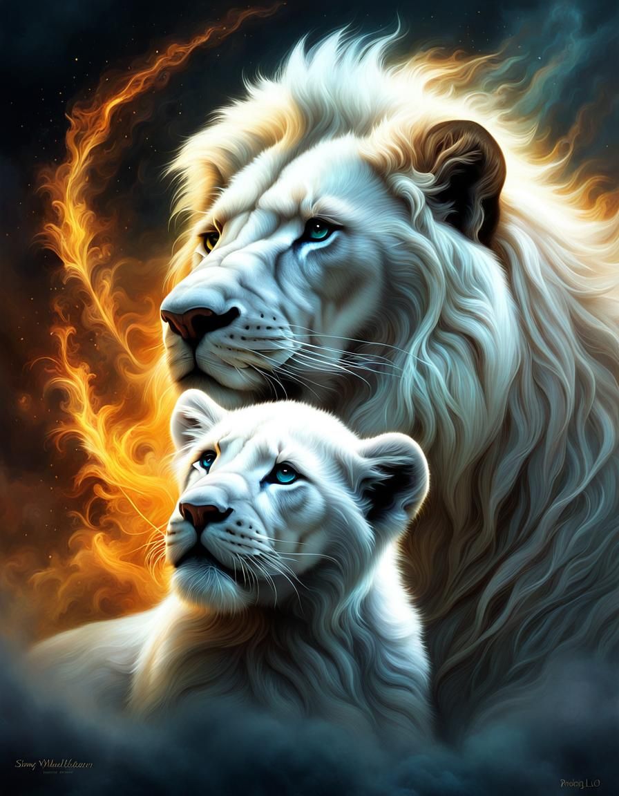 Photorealistic Surreal glowing magical beautiful white lion ...