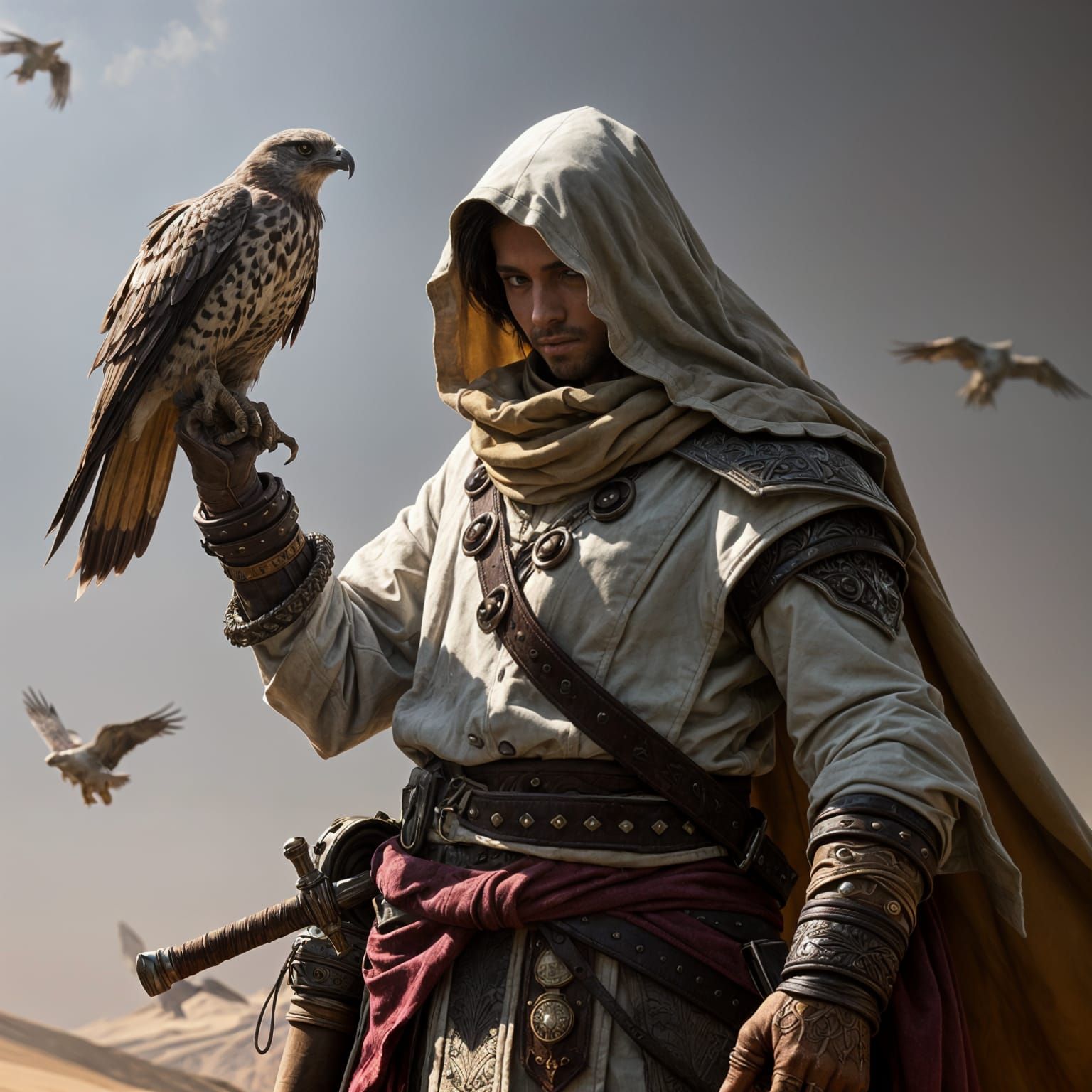 Desert Rogue with Hawk in Dark Fantasy Style