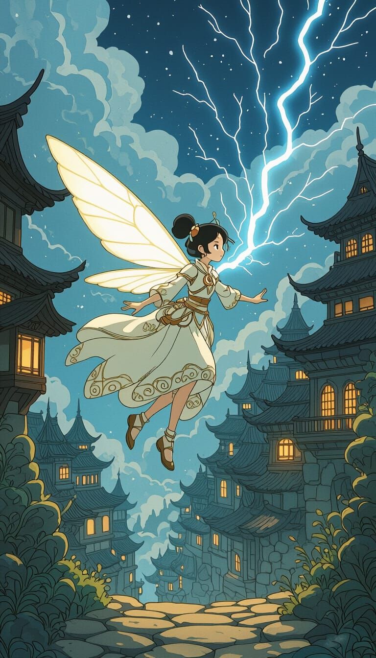 Flying Lilliput in Ancient Village, Digital Art