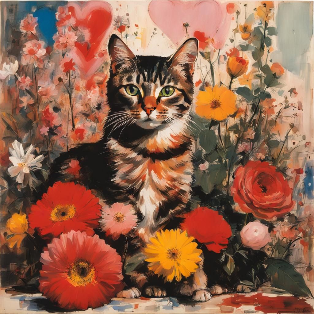 Rauschenberg-Inspired Whimsical Feline Scene in Neo-Dada Sty...