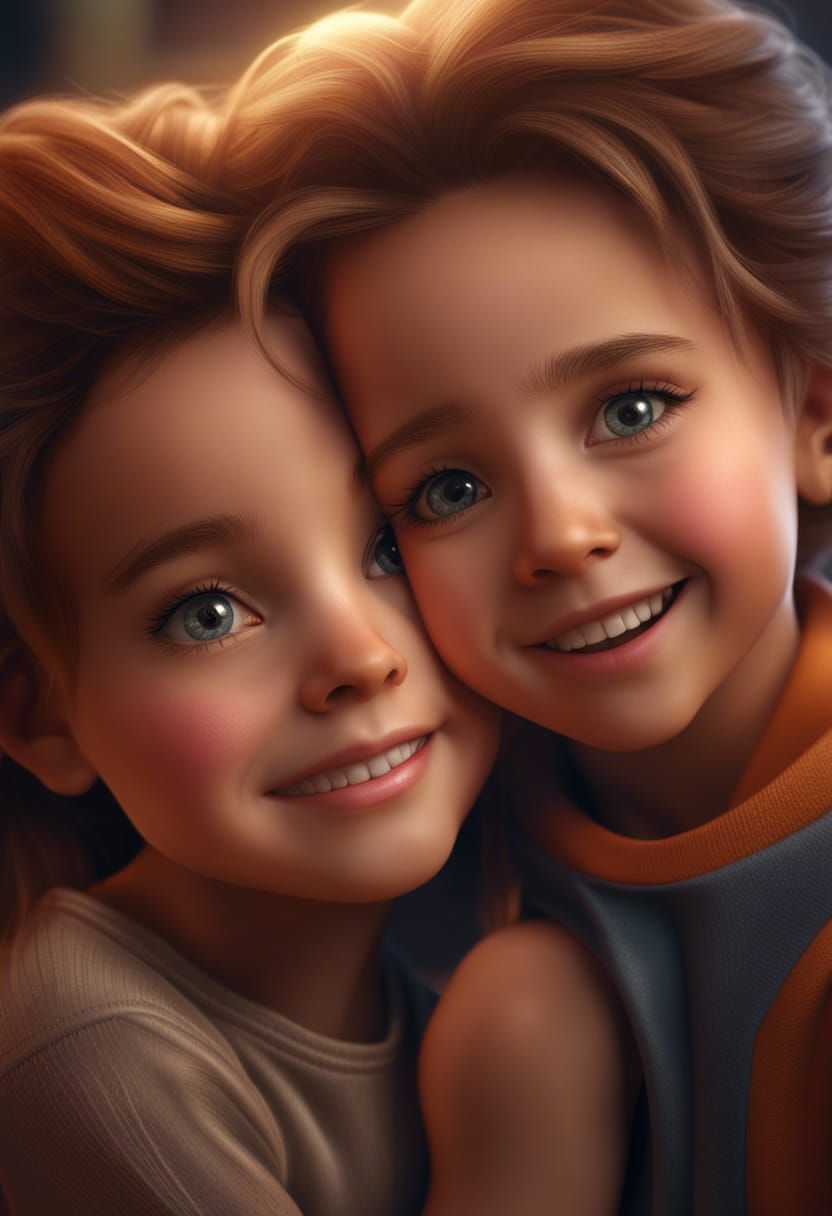 Preschool Friends Hugging in Detailed Digital Painting