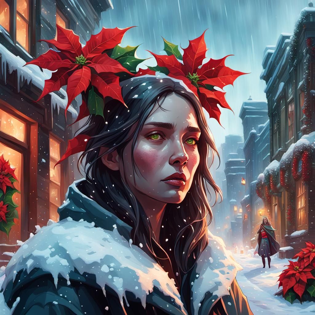 Mystical Sorceress in Snow-Covered Poinsettia City