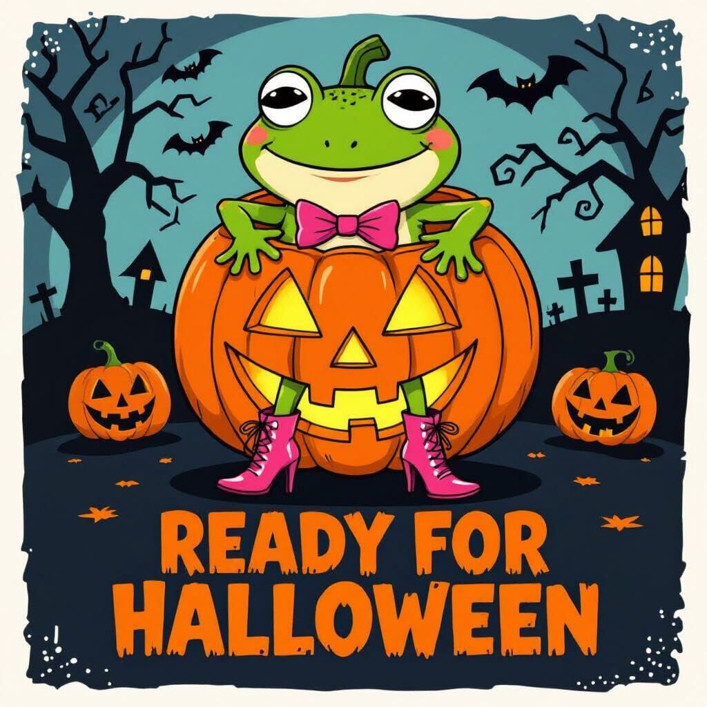 Halloween Frog in Pumpkin Costume, Cartoon Style