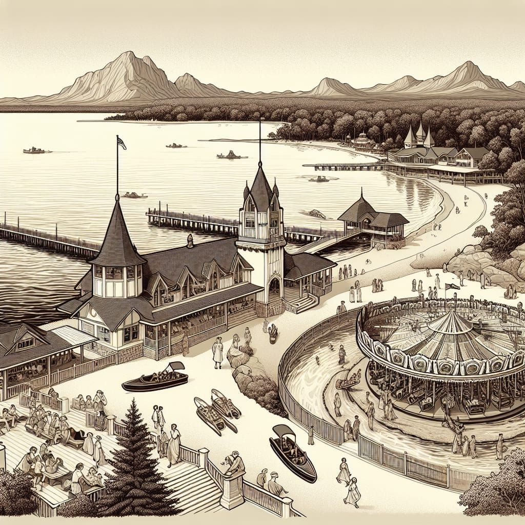 Vintage Wildwood Amusement Park Scene with Fantasy Elements