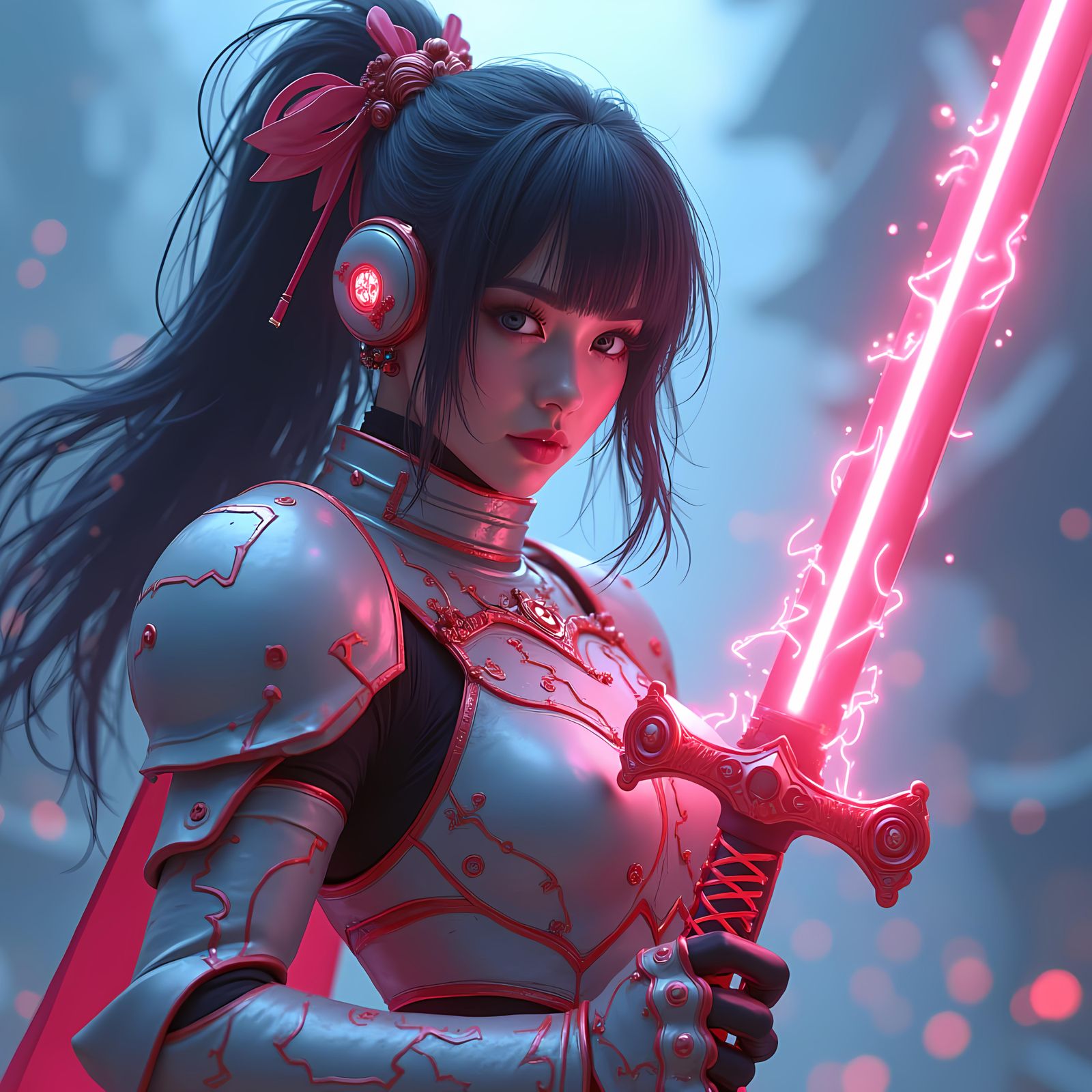 Futuristic Knight with Neon Sword: Anime Action Portrait