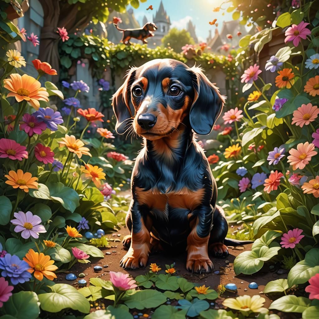 Dachshund Puppy Plays in Summer Garden: Fantasy Art