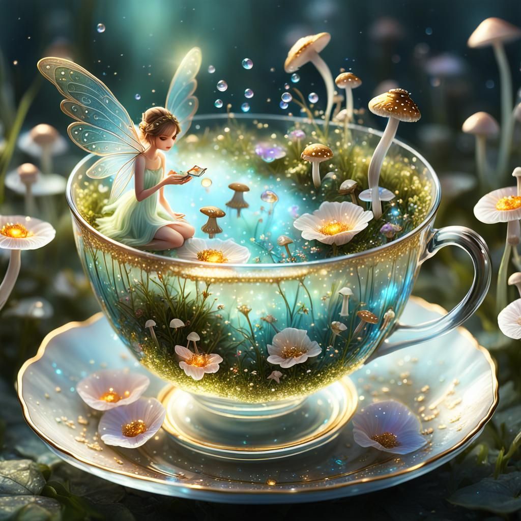 Fairies Tend Garden in Teacup: Digital Fantasy Art