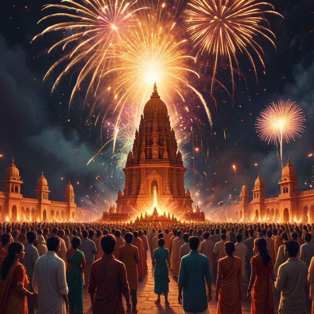 Diwali Celebration at Indian Monument in Oil Painting Style