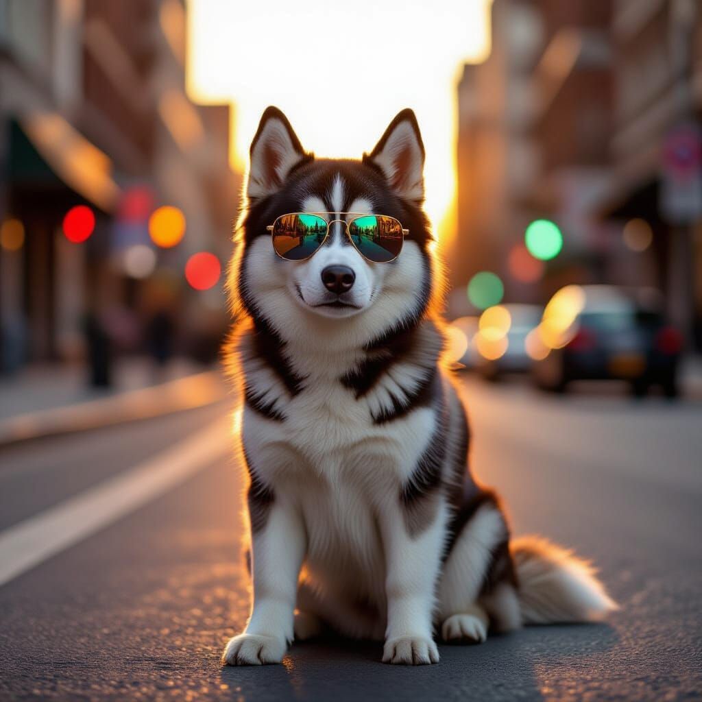 Cute Husky With Sunglasses on City Street at Sunset