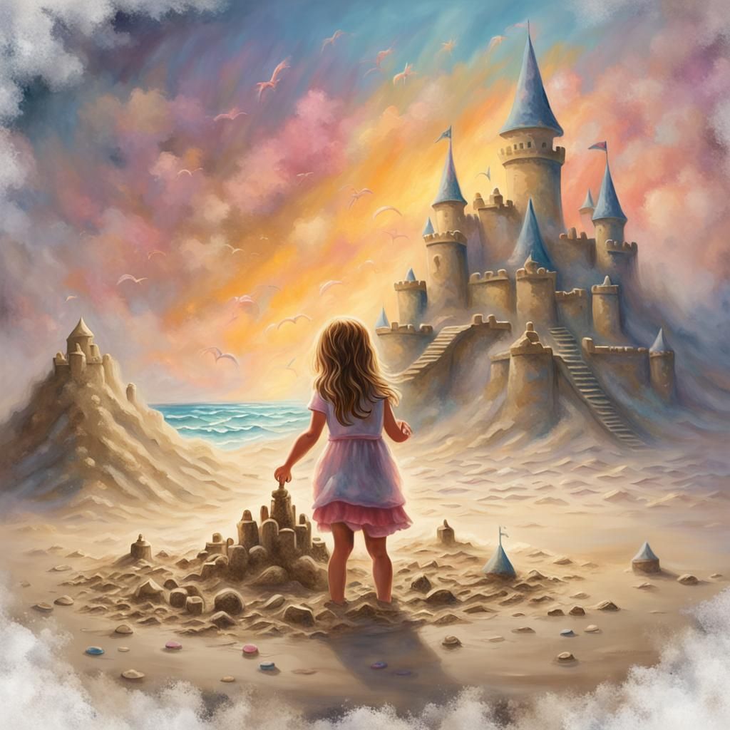 Happy Girl Building Sandcastle: Ethereal Fantasy Art