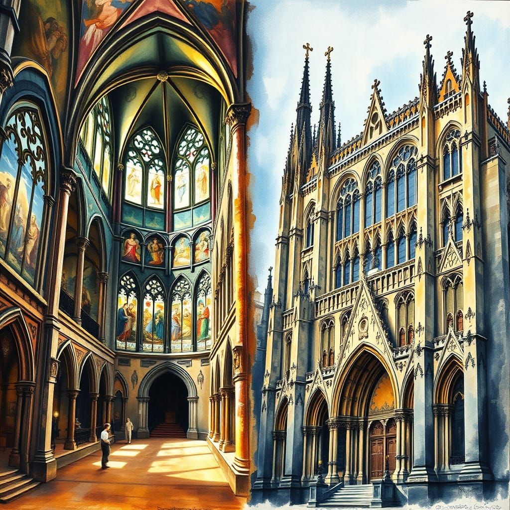 Gothic Cathedral Exterior and Interior Split Canvas Art
